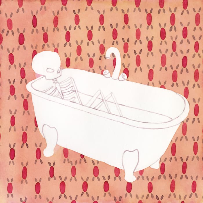 Illustration d'un squelette dans une baignoire sur un fond à motifs. Image tirée du livre "Cycle".